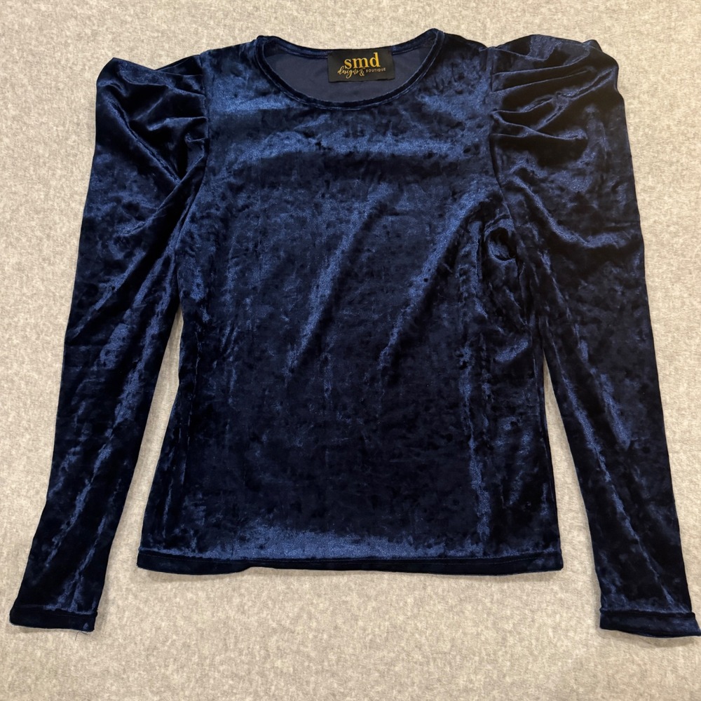 SMD Designs Navy Blue Crushed Velvet Puff Shoulder Long Sleeve Top Size 6
